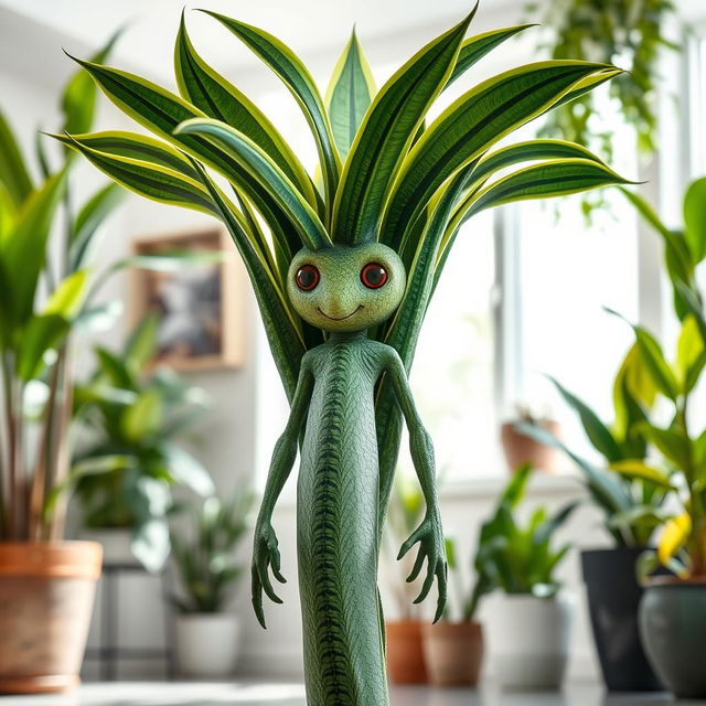 A humanoid figure resembling a Dracaena trifasciata plant, also known as the snake plant