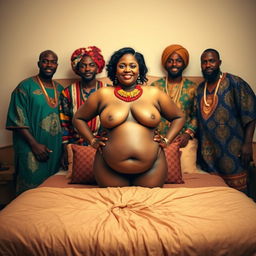 A striking and tasteful scene featuring a plump Indian woman, confidently topless and showcasing her natural beauty, adorned with vibrant jewelry that emphasizes her figure