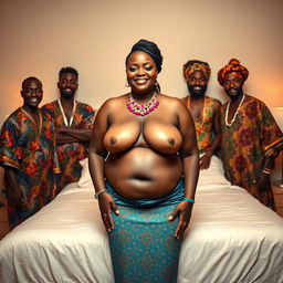 A striking and tasteful scene featuring a plump Indian woman, confidently topless and showcasing her natural beauty, adorned with vibrant jewelry that emphasizes her figure