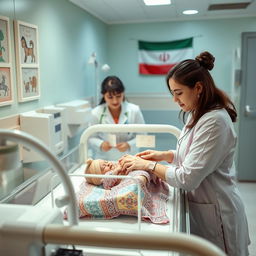 A serene scene depicting a neonatal unit in an Iranian hospital, showcasing a newborn baby in a cot with an incubator