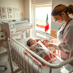 A serene scene depicting a neonatal unit in an Iranian hospital, showcasing a newborn baby in a cot with an incubator
