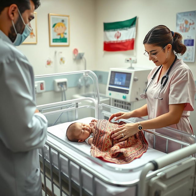 A serene scene depicting a neonatal unit in an Iranian hospital, showcasing a newborn baby in a cot with an incubator