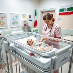 A serene scene depicting a neonatal unit in an Iranian hospital, showcasing a newborn baby in a cot with an incubator