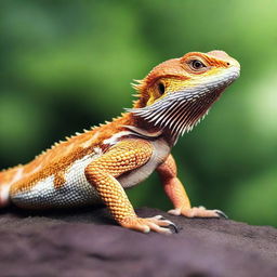 A high-quality, photo-realistic image showcasing a full-bodied bearded dragon