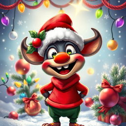 A whimsical depiction of Chompiras, a beloved comedic character, wearing a festive Christmas hat