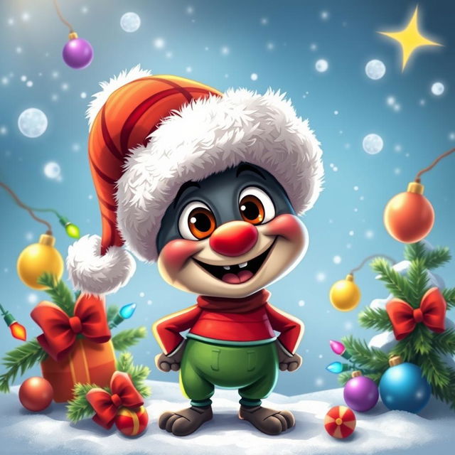 A whimsical depiction of Chompiras, a beloved comedic character, wearing a festive Christmas hat