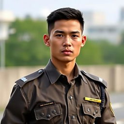 A handsome young Indonesian police officer in a field uniform, showcasing a mewing jawline and a muscular, sexy physique