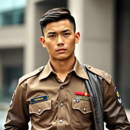 A handsome young Indonesian police officer in a field uniform, showcasing a mewing jawline and a muscular, sexy physique