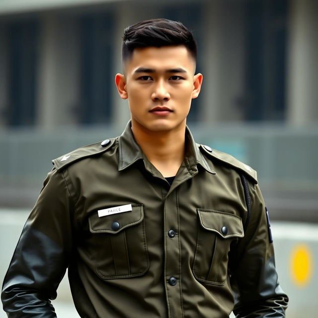 A handsome young Indonesian police officer in a field uniform, showcasing a mewing jawline and a muscular, sexy physique