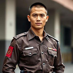 A handsome young Indonesian police officer in a field uniform, showcasing a mewing jawline and a muscular, sexy physique