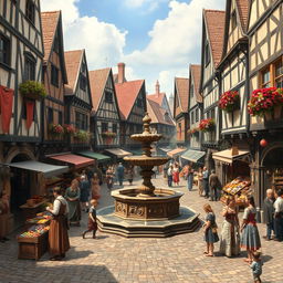 An immersive depiction of a bustling medieval town square, filled with various activities
