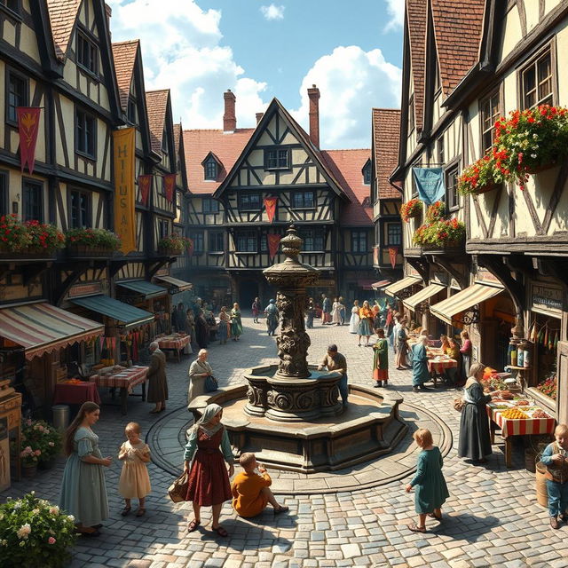 An immersive depiction of a bustling medieval town square, filled with various activities