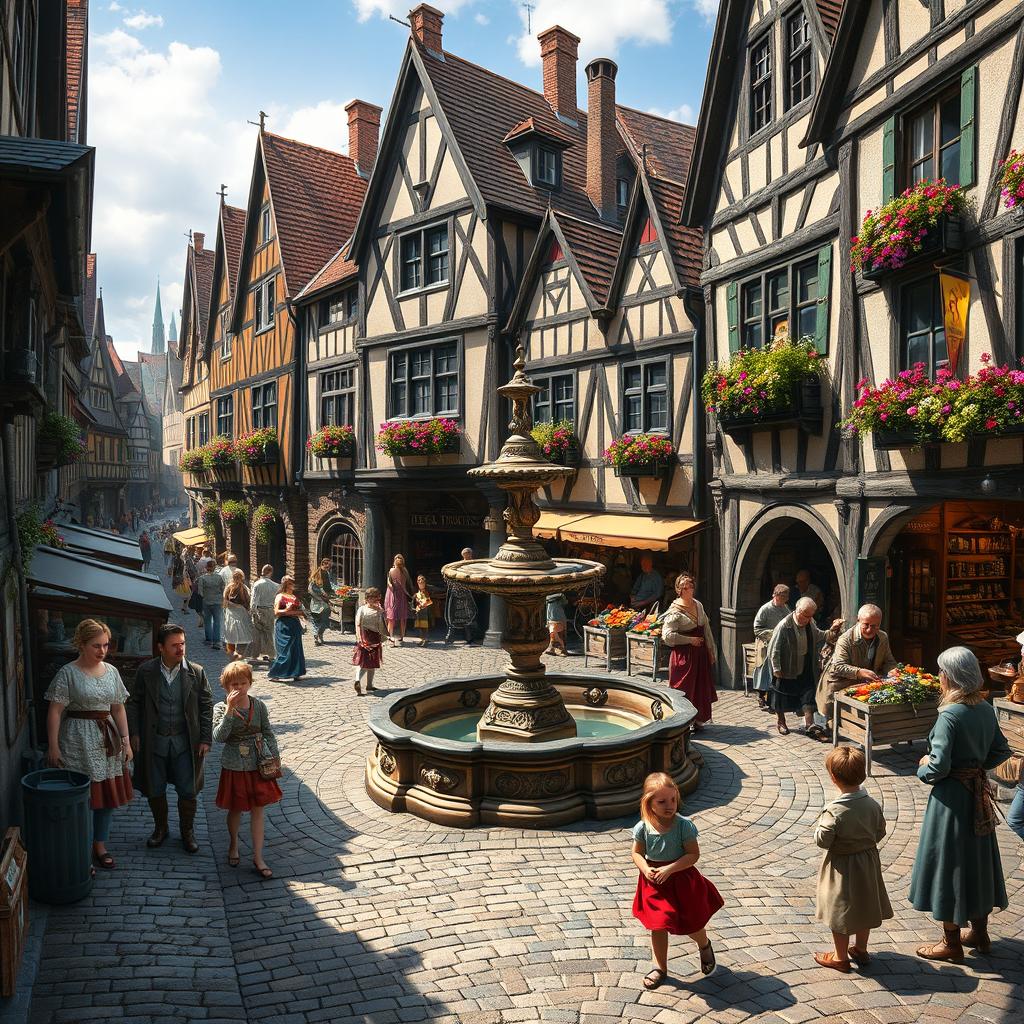 An immersive depiction of a bustling medieval town square, filled with various activities