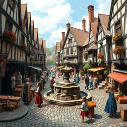 An immersive depiction of a bustling medieval town square, filled with various activities