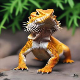 A high-quality, photo-realistic image showcasing a full-bodied bearded dragon