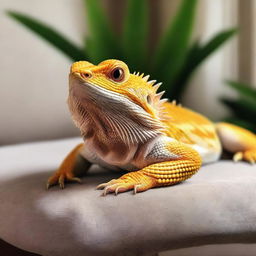 A high-quality, photo-realistic image of a bearded dragon in a home setting