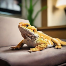 A high-quality, photo-realistic image of a bearded dragon in a home setting