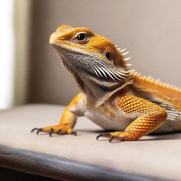 A high-quality, photo-realistic image of a bearded dragon in a home setting