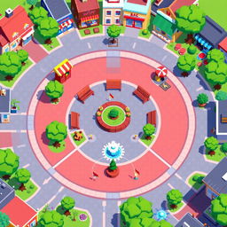A vibrant pixel art scene featuring a main square designed with a circular shape at its center