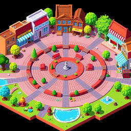 A vibrant pixel art scene featuring a main square designed with a circular shape at its center