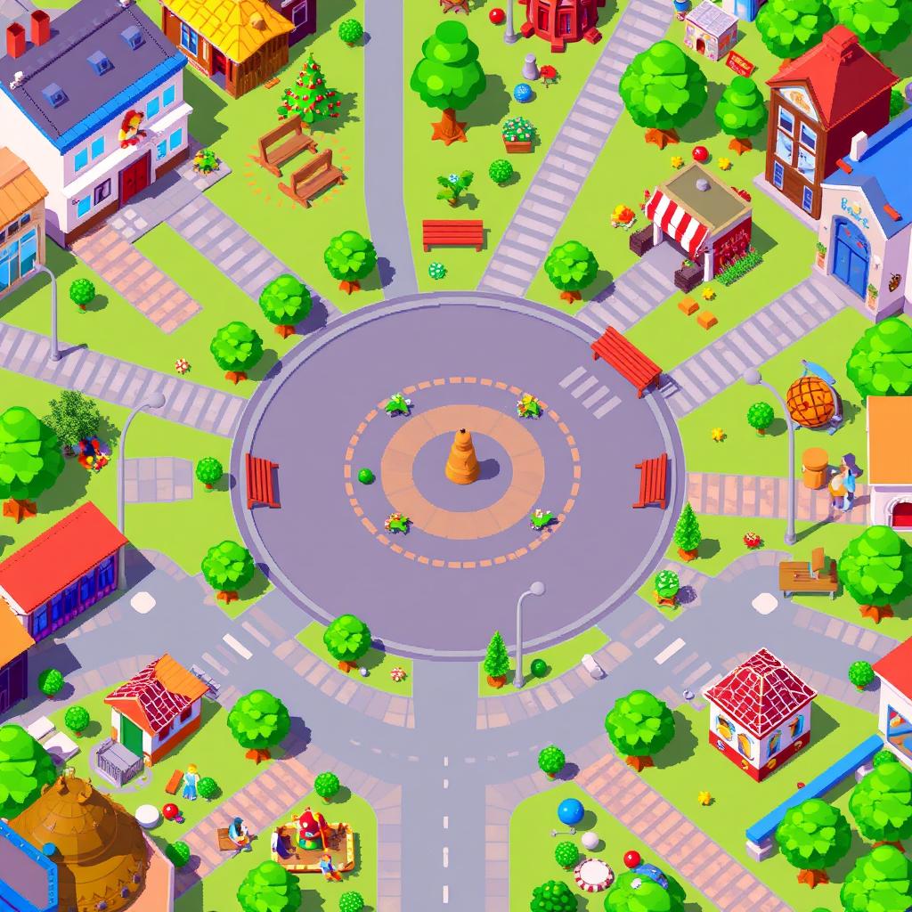 A vibrant pixel art scene featuring a main square designed with a circular shape at its center