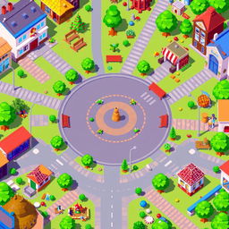 A vibrant pixel art scene featuring a main square designed with a circular shape at its center