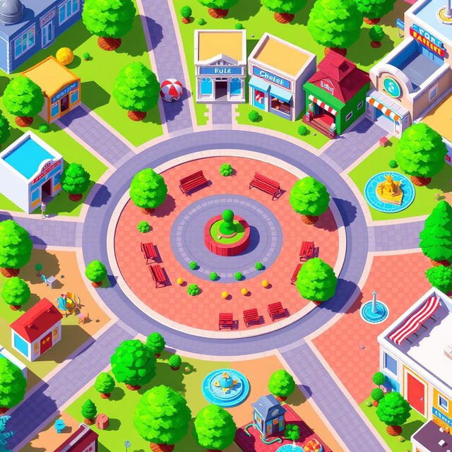 A vibrant pixel art scene featuring a main square designed with a circular shape at its center