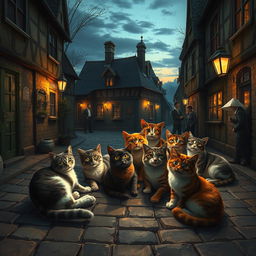 An imaginative depiction of a whimsical scene where cats are portrayed as mysterious creatures that instill either shunning or fear among the townsfolk