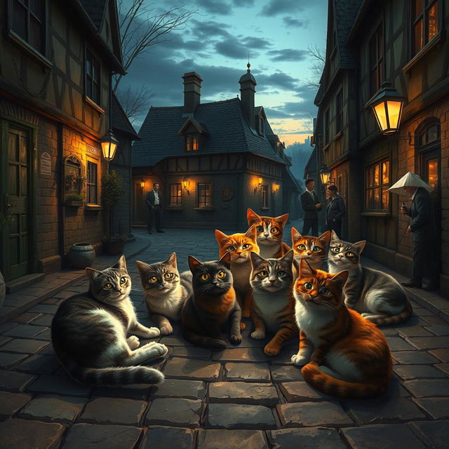 An imaginative depiction of a whimsical scene where cats are portrayed as mysterious creatures that instill either shunning or fear among the townsfolk