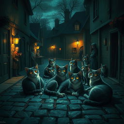 An imaginative depiction of a whimsical scene where cats are portrayed as mysterious creatures that instill either shunning or fear among the townsfolk