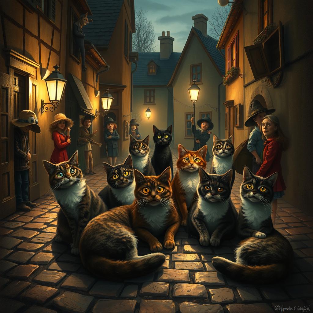 An imaginative depiction of a whimsical scene where cats are portrayed as mysterious creatures that instill either shunning or fear among the townsfolk
