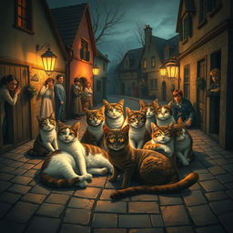 An imaginative depiction of a whimsical scene where cats are portrayed as mysterious creatures that instill either shunning or fear among the townsfolk
