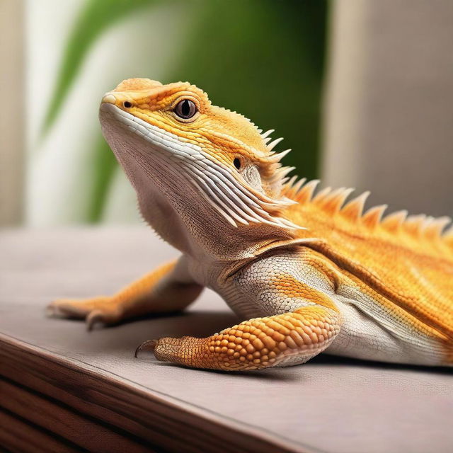 A high-quality, photo-realistic image of a bearded dragon in a home setting