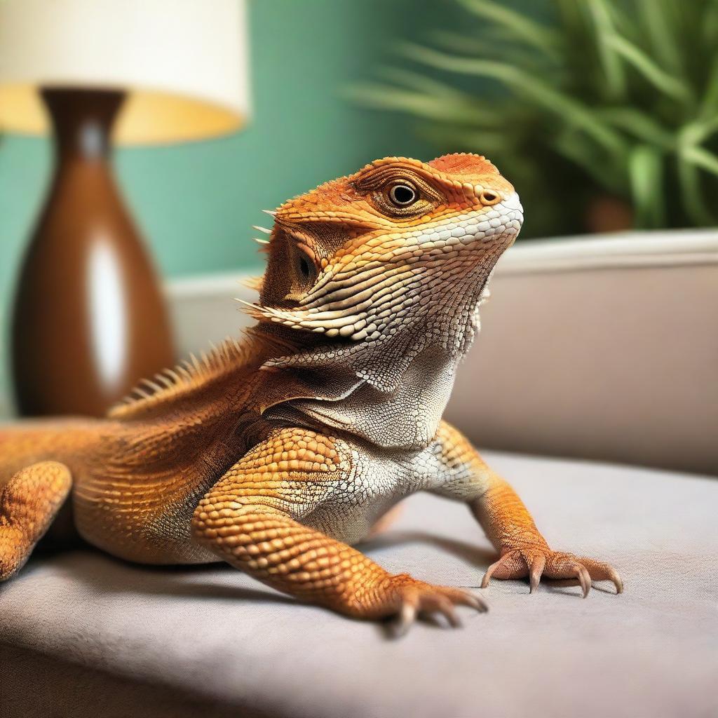 A high-quality, photo-realistic image of a brown bearded dragon in a home setting