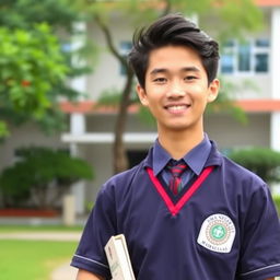 A handsome Indonesian high school boy, representing SMA Negeri 1 Way Jepara, wearing a neat school uniform