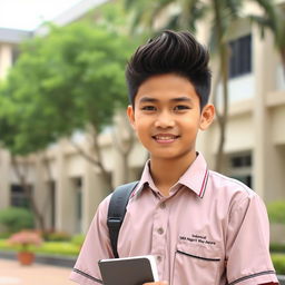 A handsome Indonesian high school boy, representing SMA Negeri 1 Way Jepara, wearing a neat school uniform