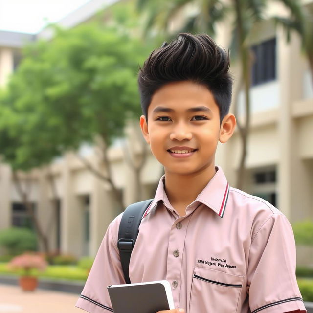 A handsome Indonesian high school boy, representing SMA Negeri 1 Way Jepara, wearing a neat school uniform