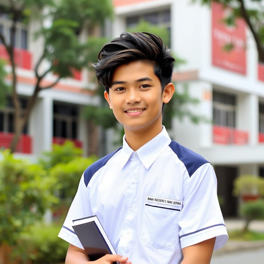 A handsome Indonesian high school boy, representing SMA Negeri 1 Way Jepara, wearing a neat school uniform