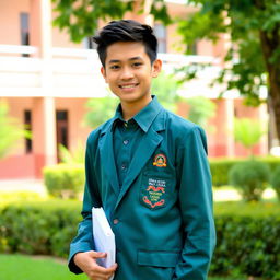 A handsome Indonesian high school boy, representing SMA Negeri 1 Way Jepara, wearing a neat school uniform