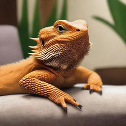 A high-quality, photo-realistic image of a brown bearded dragon in a home setting