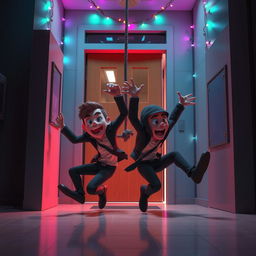 A dynamic 3D animated scene featuring two animated male thieves falling comically to the ground after they are unexpectedly blocked by a rope while trying to enter through a school door inside a modern school