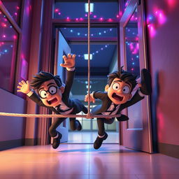 A dynamic 3D animated scene featuring two animated male thieves falling comically to the ground after they are unexpectedly blocked by a rope while trying to enter through a school door inside a modern school