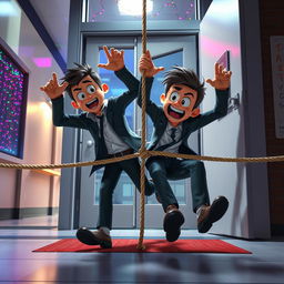 A dynamic 3D animated scene featuring two animated male thieves falling comically to the ground after they are unexpectedly blocked by a rope while trying to enter through a school door inside a modern school