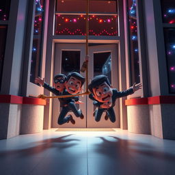 A dynamic 3D animated scene featuring two animated male thieves falling comically to the ground after they are unexpectedly blocked by a rope while trying to enter through a school door inside a modern school