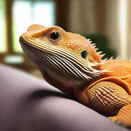 A high-quality, photo-realistic image of a brown bearded dragon in a home setting