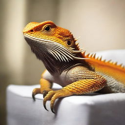 A high-quality, photo-realistic image of a brown bearded dragon in a home setting