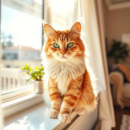A charming, fluffy house cat sitting gracefully on a sunny windowsill