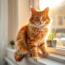 A charming, fluffy house cat sitting gracefully on a sunny windowsill