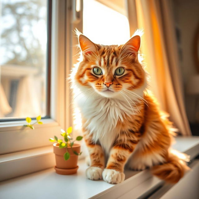 A charming, fluffy house cat sitting gracefully on a sunny windowsill