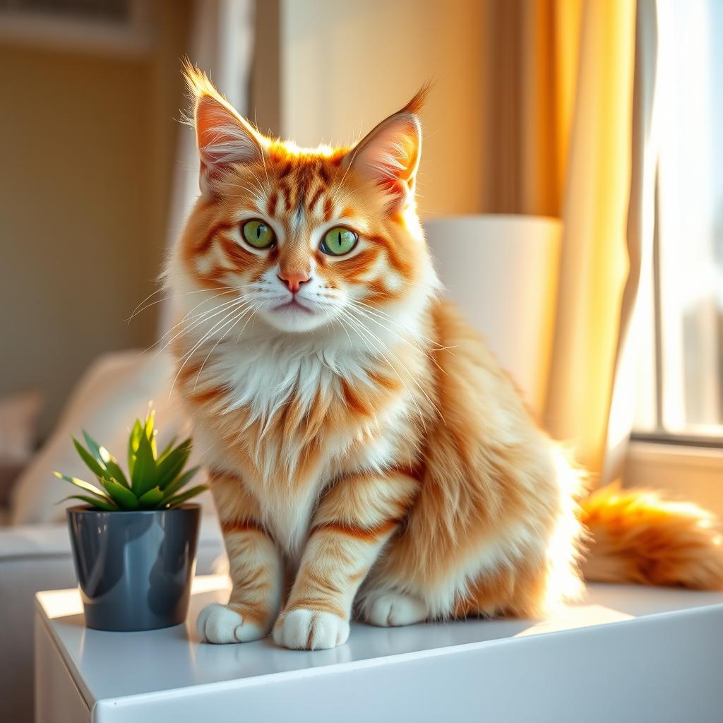 A charming, fluffy house cat sitting gracefully on a sunny windowsill
